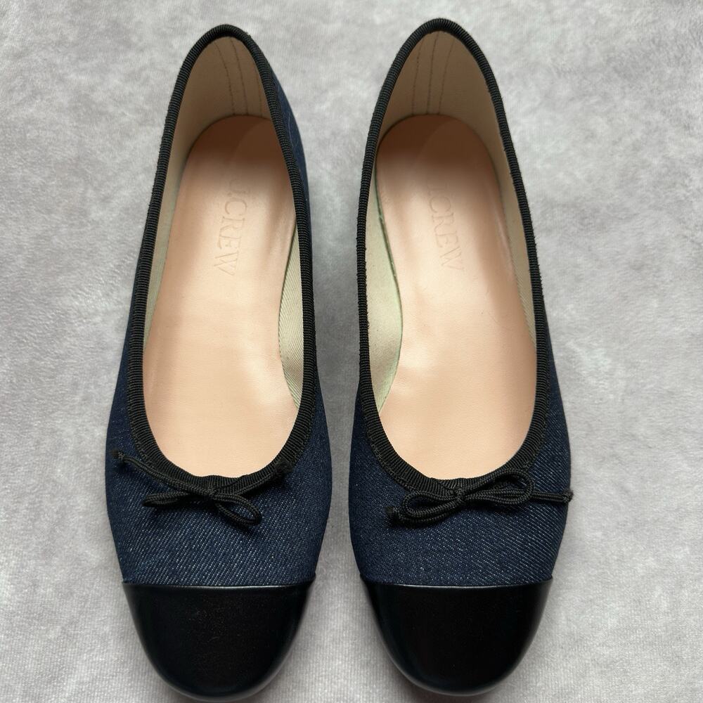J Crew Zoe Cap Toe Ballet Flats Womens Sz 8 Indigo Denim Black Leather Bow NWOB